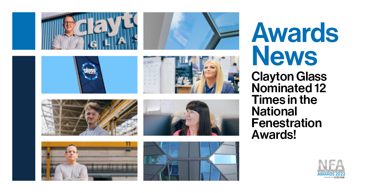 A cover image for a piece about Clayton Glass nomination for 12 awards at the national fenestration awards 2022.