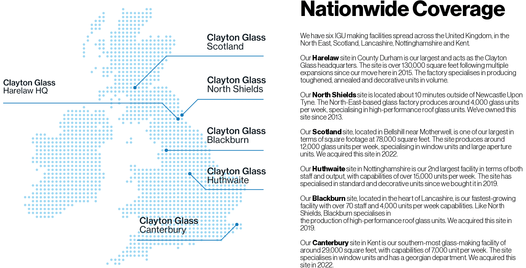 An image emphasising Clayton Glass' nationwide coverage, showing our six sites in Harelaw, North Shields, Scotland, Huthwaite, Blackburn and Canterbury.